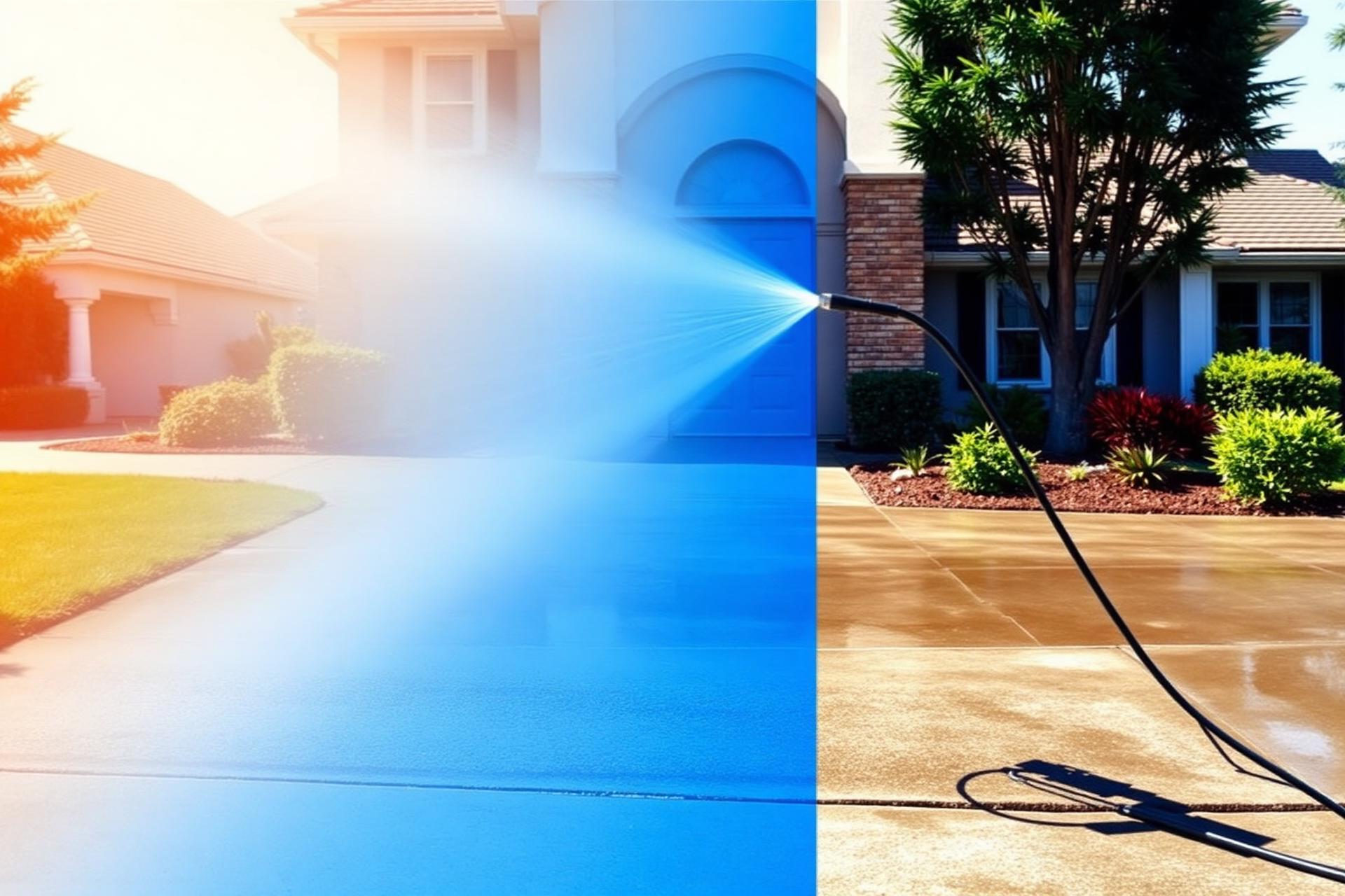 Pressure washing a home driveway to a bright, clean finish